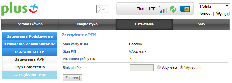 Zarządzanie PIN W zakładce Zarządzanie PIN możemy włączyć zabezpieczenie karty USIM kodem PIN. Kliknij na Blokada PIN - Włączona, wpisz kod PIN i kliknij przycisk Zastosuj.