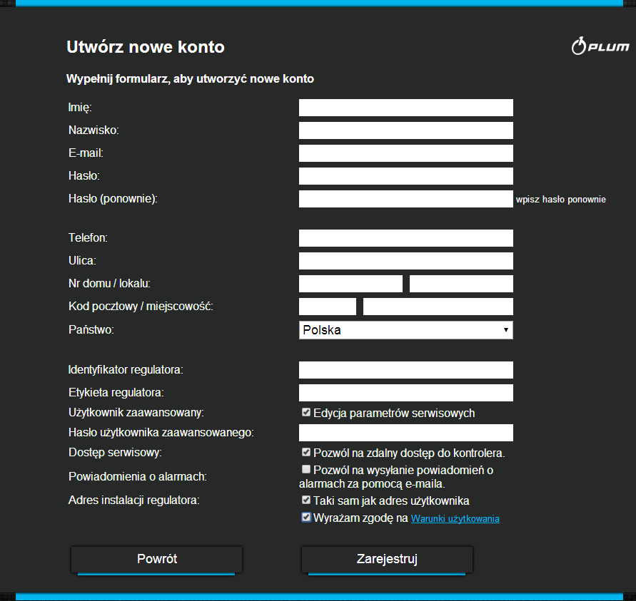 OBSŁUGA Z zakładki econet WiFi w menu głównym panelu regulatora kotła należy odczytać numer UID (unikatowy numer identyfikacyjny regulatora): MENU Informacje econet WiFi Należy wypełnić formularz