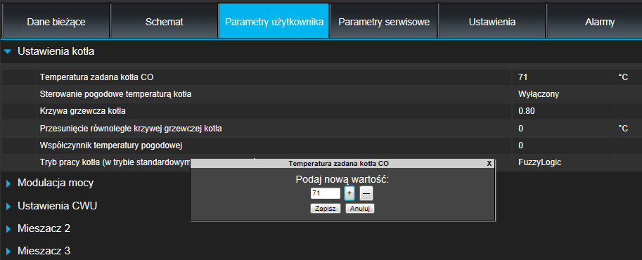 OBSŁUGA Podstawowe parametry pracy regulatora kotła wyświetlane są w zakładce. Parametry te są odpowiednio pogrupowane. Wszystkie mogą być modyfikowalne przez użytkownika.