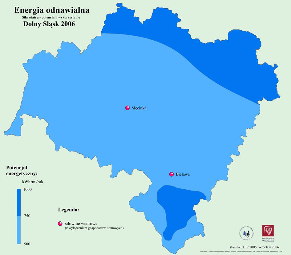 PROGRAM OCHRONY ŚRODOWISKA DLA GMINY POLANICA ZDRÓJ NA LATA 2012-2019 - AKTUALIZACJA Rysunek 15 Ptencjał i wykrzystanie energii wiatru na Dlnym Śląsku.