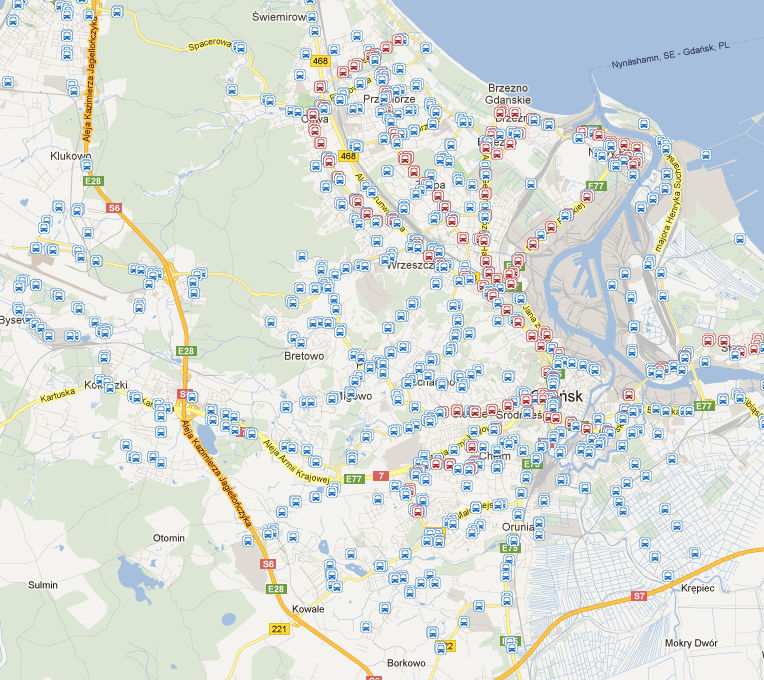 Powróć do standardowego powiększenia mapy. Oznaczenie przystanku autobusowego Oznaczenie przystanku tramwajowego Wyświetlenie mapy w trybie wektorowym. Wyświetlenie mapy w trybie zdjęć satelitarnych.