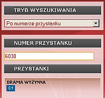 Po najechaniu na numer wybranego przystanku zostaje wyświetlone menu z wyborem Rozkładu jazdy i Najbliższych odjazdów, identyczne jak w poprzednim trybie wyszukiwania.