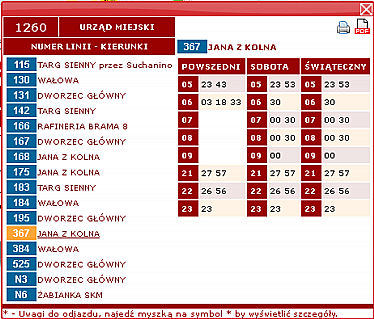 Po najechaniu na nazwę wybranego przystanku zostaje wyświetlone menu z wyborem Rozkładu jazdy i Najbliższych odjazdów, identyczne jak w poprzednim trybie