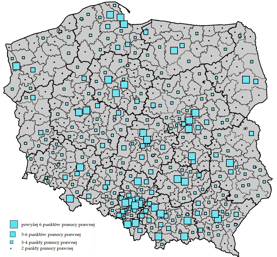 Rys. 3 Mapa projektowanej sieci punktów w których będzie udzielana nieodpłatna pomoc prawna (liczba punktów w poszczególnych powiatach) szczegółowe dane zaprezentowano w załączniku 2 do OSR.