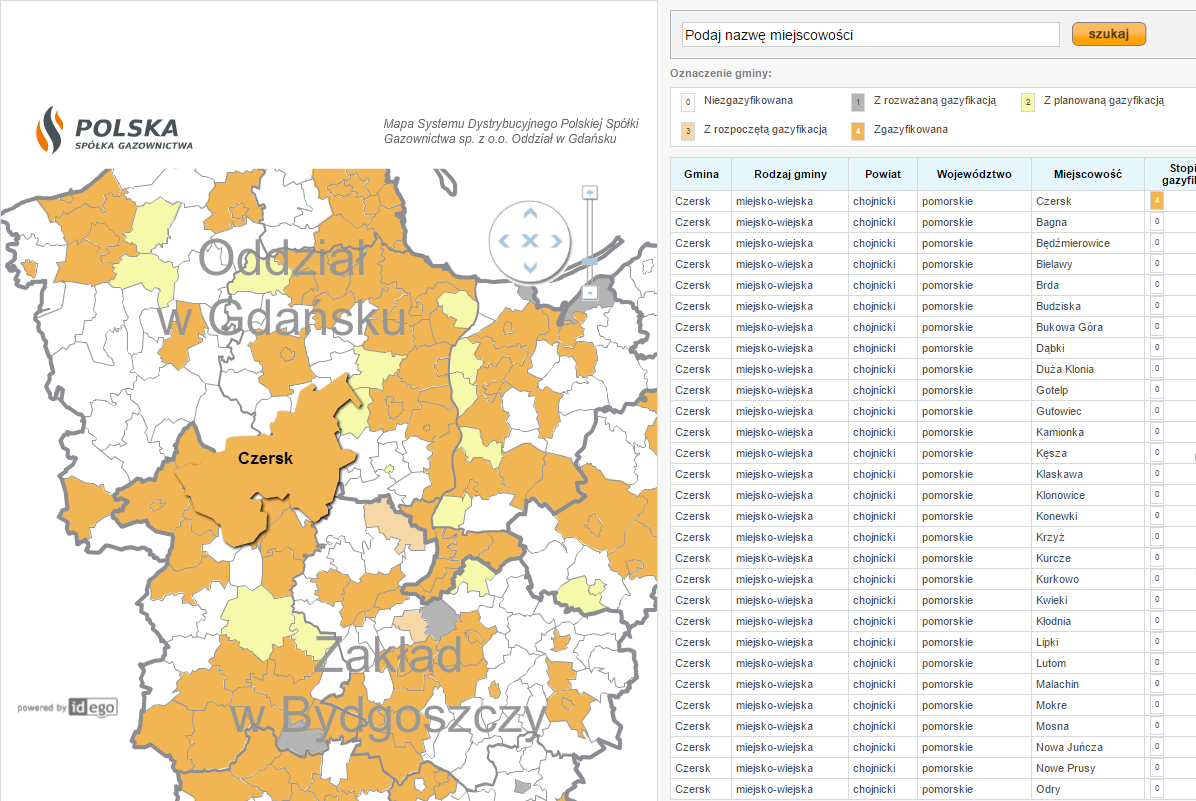 Rys. nr 4.2.1-1.. Położenie gminy Czersk na mapie PSG Sp. z o.o.oddział w Gdańsku Źródło: http://mapy.psgaz.pl/ Gmina Czersk na mapie PSG Sp. z o.o. zaznaczona jest, jako zgazyfikowana (kolor pomarańczowy).