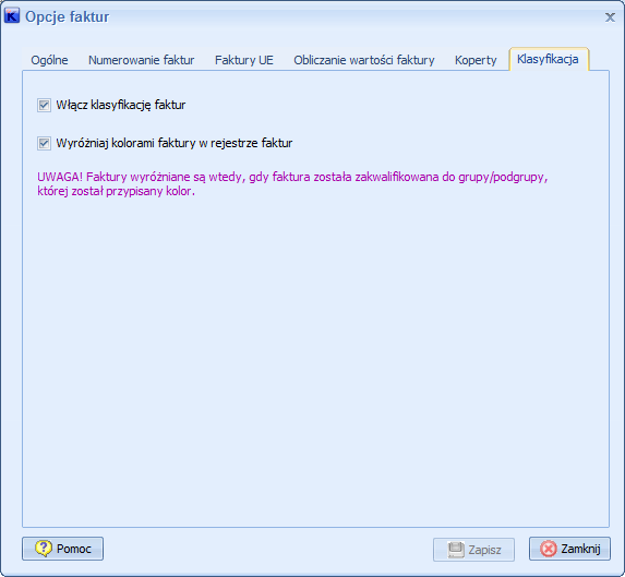 Wprowadzono system klasyfikacji faktur, w którym można definiować grupy i podgrupy faktur. Dodatkowo grupom można przyporządkować kolory.
