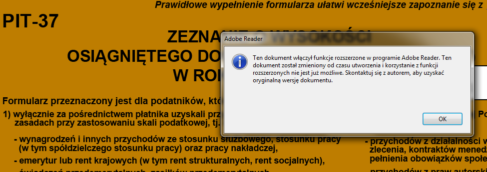 (3.1) PROBLEM Z OTWARCIEM FORMULARZA - Funkcje rozszerzone Podczas otwierania formularza interaktywnego deklaracji może pojawić się następujący komunikat: Przyczyną opisanego