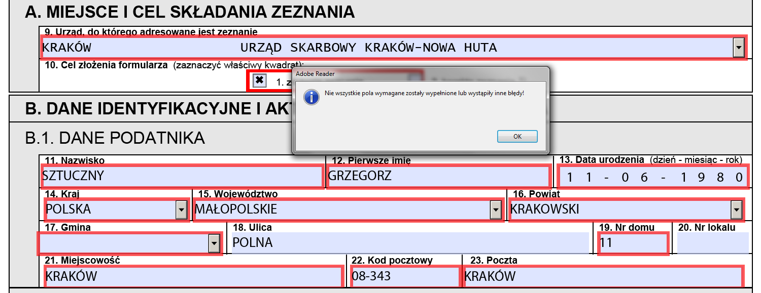 (3.2) FORMULARZ PDF: Brak wypełnienia pól obowiązkowych Po wypełnieniu formularza deklaracji, a następnie po sprawdzeniu poprawności danych (przycisk Sprawdź