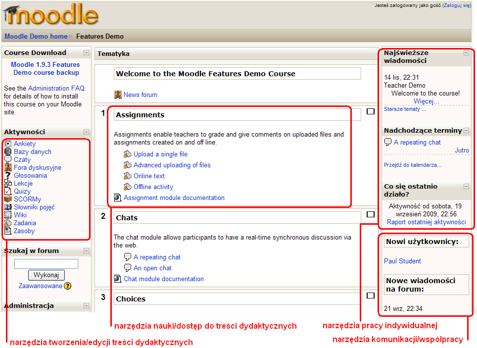 22 Rysunek 5. Przykładowy indywidualny pulpit studenta na platformie Moodle [http://demo.moodle.org/course/view.php?id=5] Platforma Moodle jest używana w ponad 80 różnych językach.