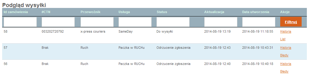 9.6 Zarządzanie tabelą z przesyłkami z panelu administracyjnego sklepu Tabela przesyłek to element panelu Soteshop, który umożliwia podgląd wszystkich przesyłek tworzonych na podstawie zamówień,