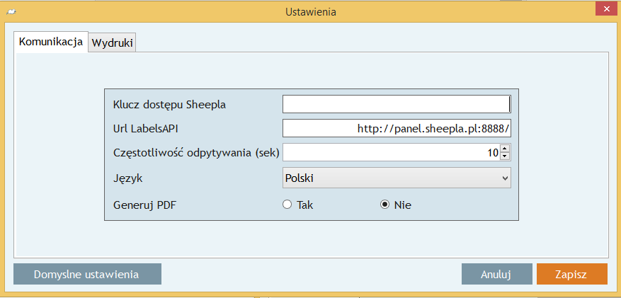 Rys. 79 Klient Drukowania Sheepla Krok 5 Wybieramy zakładkę Opcje Ustawienia Komunikacja Rys. 80 Zakładka Wydruki Krok 6 Wpisujemy klucz dostępu, który dostępny jest w zakładce Konfiguracja Wydruki.