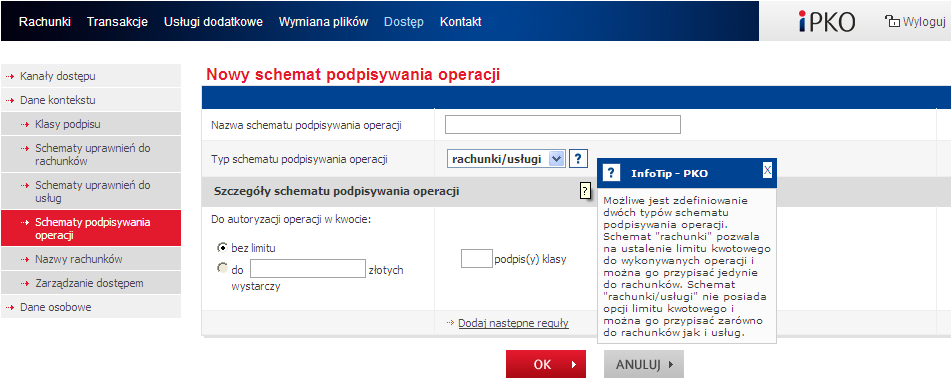 Banku. Do usługi Wymiana plików jest przypisywany schemat podpisywania operacji, z tym że w ramach schematu podpisywania operacji nie ma możliwości ustawienia limitu operacji.