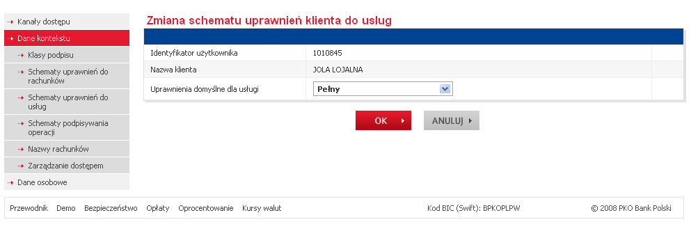 5.7.2 POJEDYNCZE PRZYPISANIE SCHEMATU UPRAWNIEŃ DO USŁUG UŻYTKOWNIKA Jeżeli Użytkownik ma mieć odrębny schemat uprawnień do usług, należy skorzystać z opcji pojedynczego nadawania schematu uprawnień