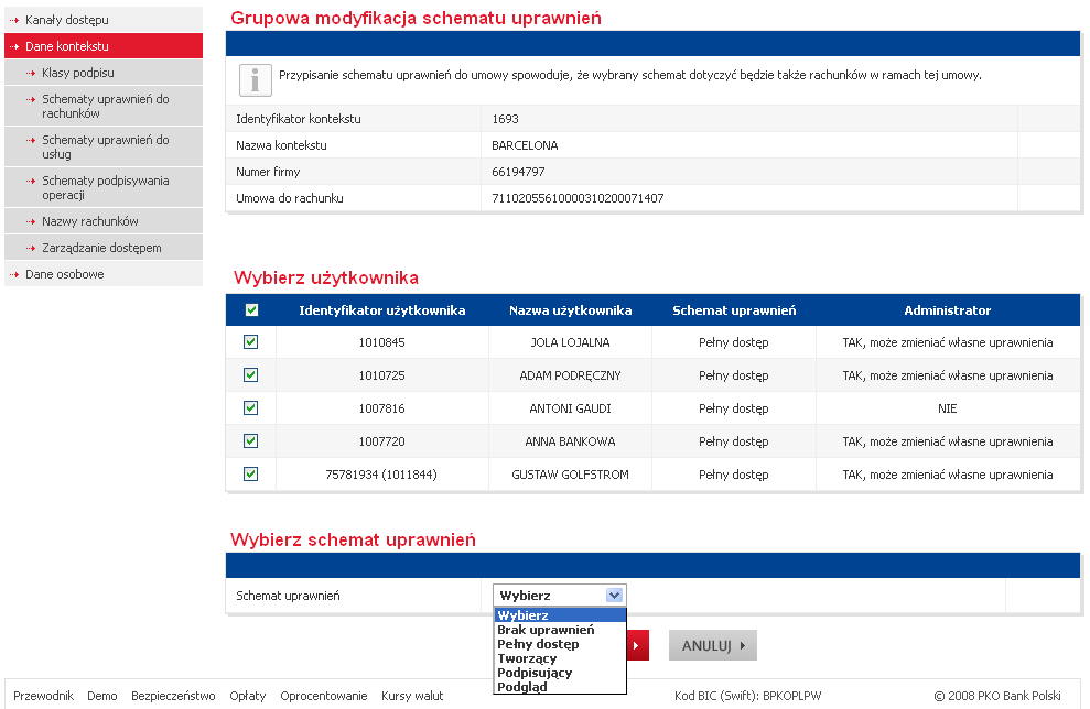 5.9.2 POJEDYNCZE PRZYPISANIE SCHEMATU UPRAWNIEŃ DO RACHUNKÓW Pojedyncze przypisywanie schematów pozwala na pracę w ramach konkretnego rachunku, bądź użytkownika.
