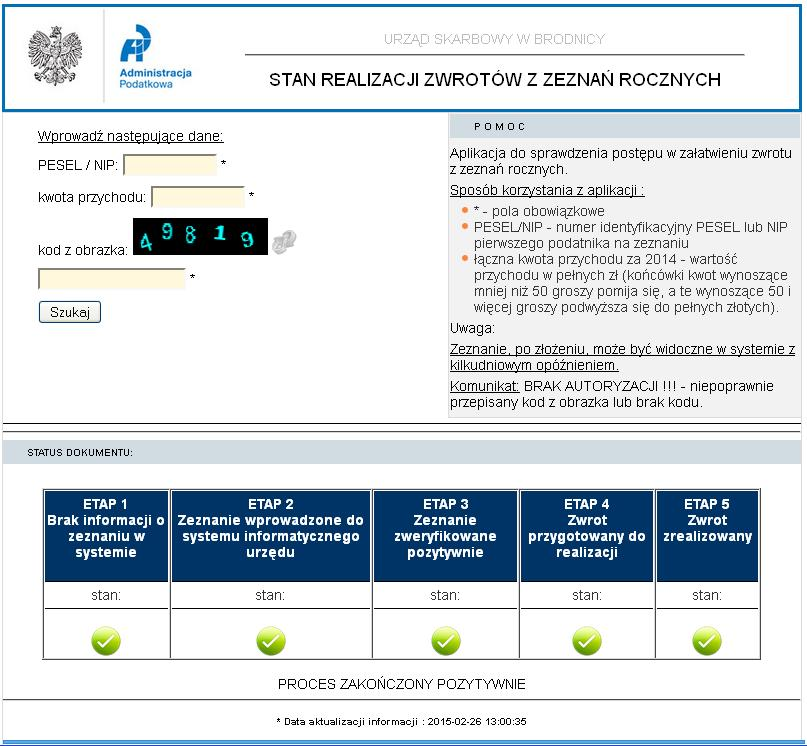 Po prawidłowym wypełnieniu formularza na stronie internetowej pojawi się