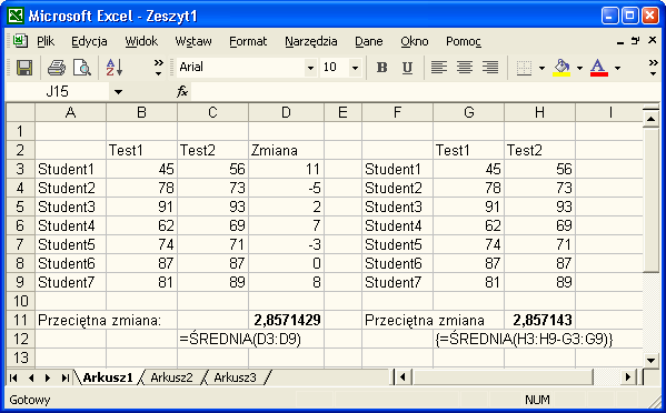 2. Wstaw następujące wartości do komórek : A1-4, A2 9, A3 16, A4-25. Zaznacz obszar B1:B4. Wpisz PIERWIASTEK(A1:A4), naciśnij Ctrl+Shift+Enter.