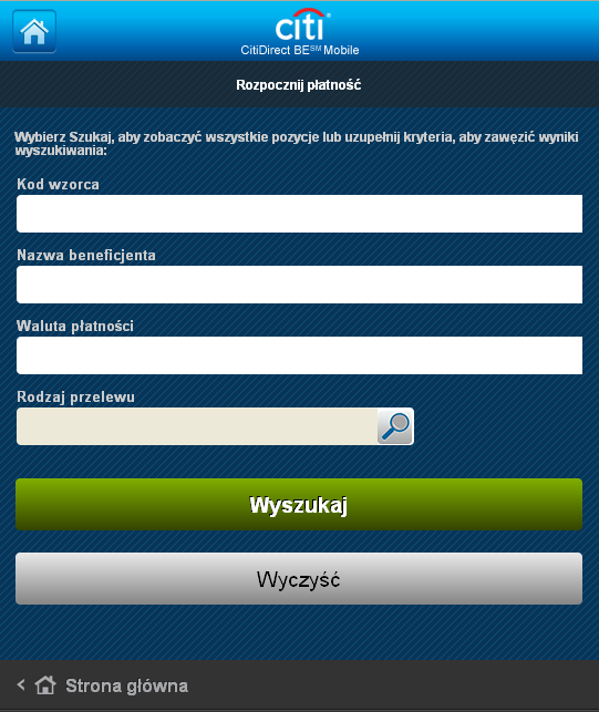 2. Wprowadzanie płatności z wzorca 6 Wybranie na Stronie Głównej opcji Wzorzec w sekcji Rozpocznij płatność powoduje pojawienie się poniższego ekranu.