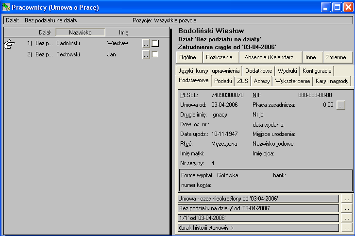 Rys. 10. Dane zaimportowanych pracowników w kartotece osobowej programu.