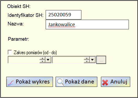 Warunki początkowe: Warunki końcowe: Projekt główny: Wymagania: Aplikacja: Szkice ekranów: Dane dla Obiektu SH znajdują się w bazie Wyświetlenie dostępnych danych na wykresie 1.