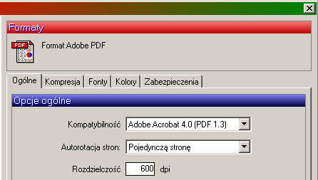 W następnej kolejności w lewym panelu okna dialogowego Opcje w dolnej części ( Formaty ) naleŝy wskazać format pliku PDF, dzięki czemu uŝytkownikowi udostępnione zostaną właściwe opcje konfiguracyjne