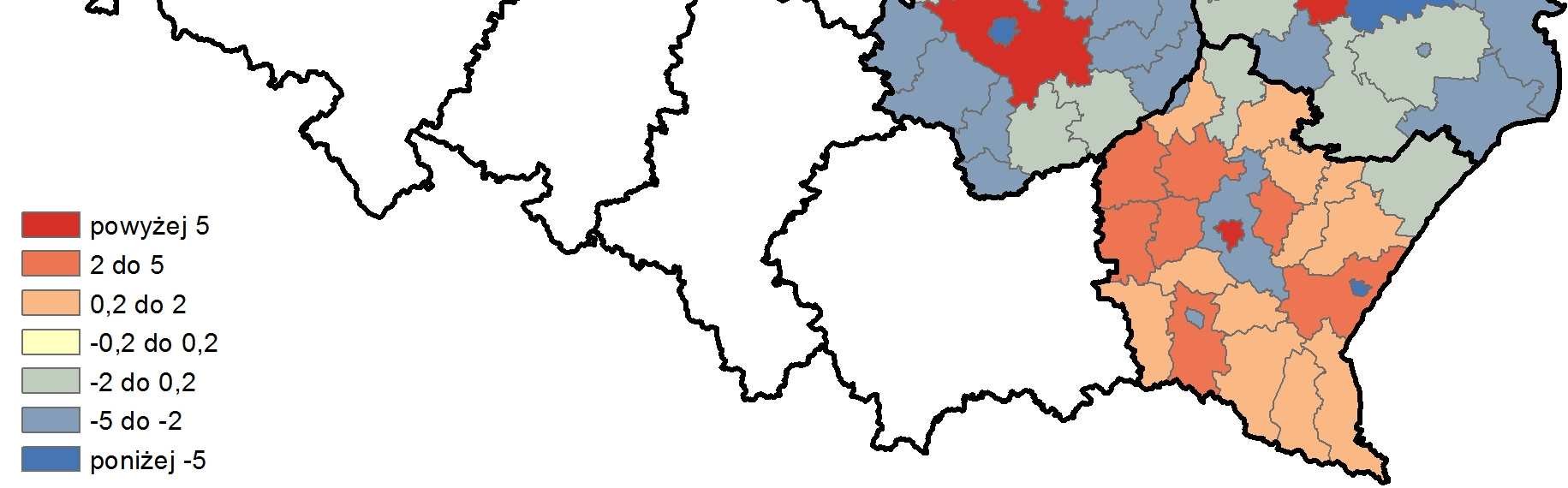 Rysunek 1. Zmiany zaludnienia powiatów Polski wschodniej w latach 2002-2012 [%] Źródło: opracowanie na podstawie danych GUS, zob. A.