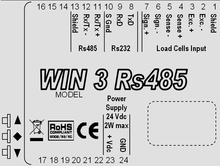 STRESZCZENIE PODŁĄCZANIA WIN3 / RS485 Listwa 9P odstęp 5.08 mm 8 RS232 TX 9 RS232 RX 10 RS232 GND 11 RS485 + 12 RS485-13 Ekranowanie kabla 14 NC 15 NC 16 NC Listwa 8P odstęp 5.