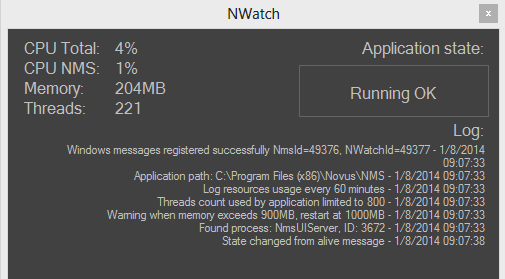 EKRAN GŁÓWNY 8.2. Menu - Watchdog Wybranie opcji wyświetla ekran diagnostyczny Nwatch monitorujący pracę aplikacji NMS.