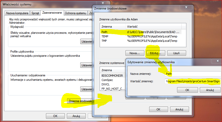 Rysunek 1. Przykład dodania ścieżki dla oprogramowania UNIZETO procertum Zainstalować certyfikaty w systemie Windows uruchamiając pliki z podkatalogu.