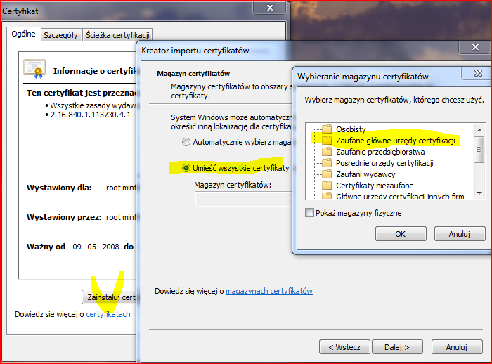 Rysunek 3. Instalacja certyfikatu minfin.cer 3. Współpraca Sz@rk z programem PPUS Po zainstalowaniu oprogramowania PPUS, można przystąpić do próby przesłania e-deklaracji do MF za jego pośrednictwem.