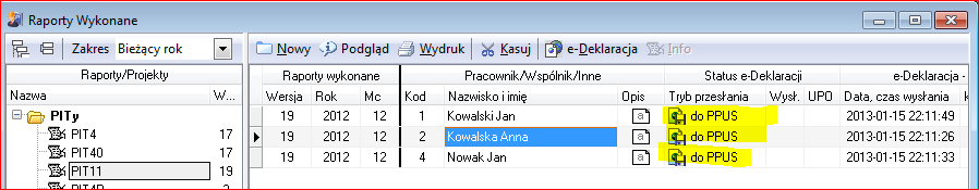 Rysunek 4. Wysłanie e-deklaracji do PPUS W ten sposób wysyłamy wszystkie przygotowane deklaracje PIT 11 do programu PPUS.