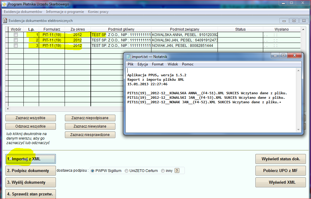 4. Import przesyłanie e-deklaracji z Sz@rk do programu PPUS Uruchamiany program PPUS.EXE znajdujący się w katalogu C:\SzarkSQL\PPUS\. Następnie uruchamiamy import dokumentów przyciskiem Importuj.