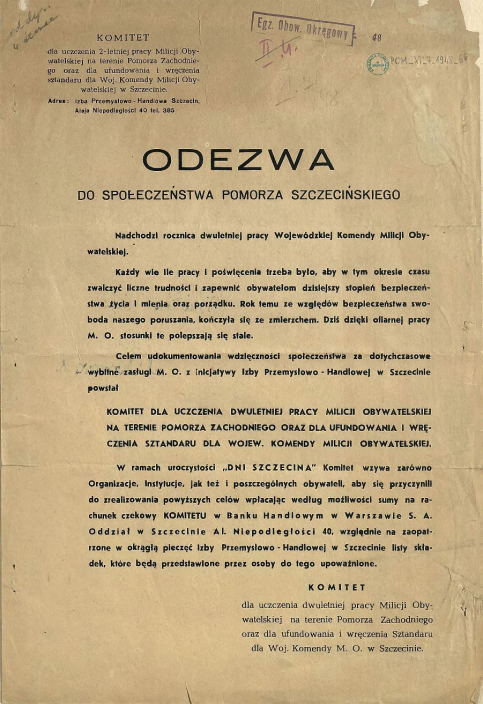 Odezwa do społeczeństwa Pomorza Szczecińskiego Izby Przemysłowo-Handlowej w Szczecinie (sygn. POM_XI_7_1948_68).