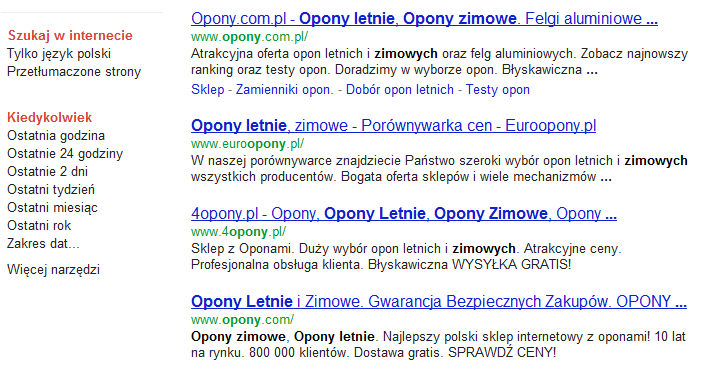 Opisy rozszerzone Wynikiem wyszukiwania frazy opony zimowe w Google jest lista stron