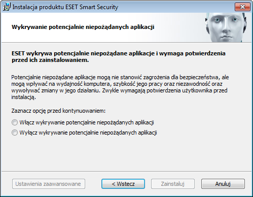 Kolejnym krokiem procesu instalacji jest skonfigurowanie wykrywania potencjalnie niepożądanych aplikacji.