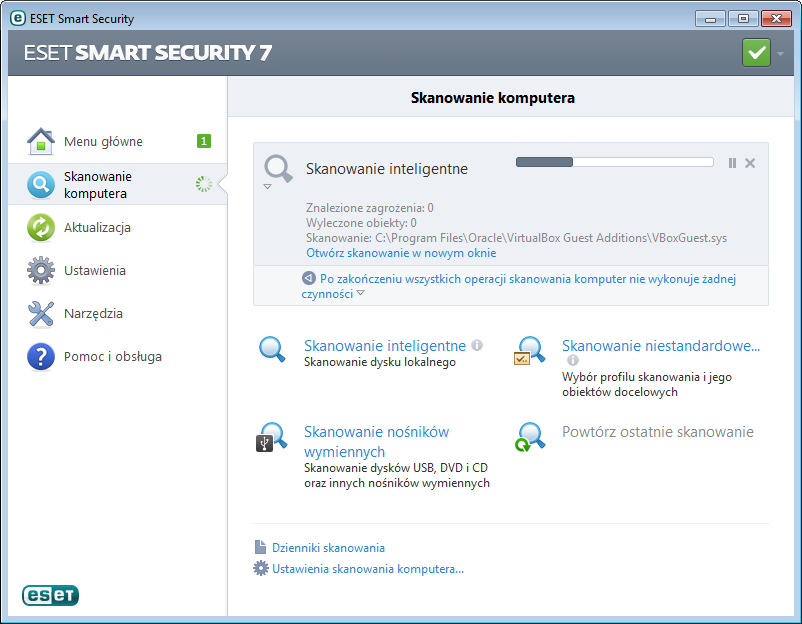 administrator. 4.1.1.2.2 Postęp skanowania W oknie postępu skanowania wyświetlany jest bieżący stan skanowania oraz informacje dotyczące liczby znalezionych plików zawierających złośliwy kod.