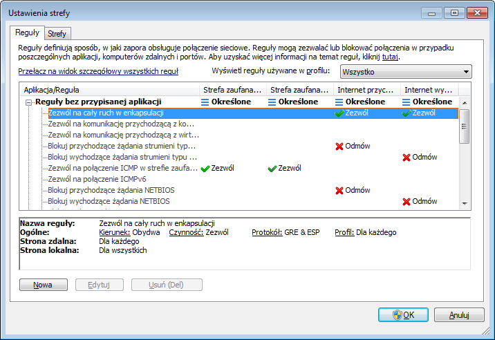 4.2.3.1 Ustawienia reguł W sekcji ustawień reguł można obejrzeć wszystkie reguły stosowane względem ruchu generowanego przez poszczególne aplikacje w ramach stref zaufanych i Internetu.