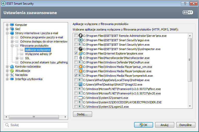 4.3.3.2 Aplikacje wyłączone Aby wykluczyć z filtrowania zawartości komunikację prowadzoną przez określone aplikacje korzystające z sieci, należy zaznaczyć je na liście.