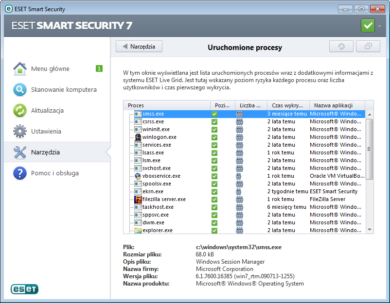 4.6.7 Uruchomione procesy Funkcja Uruchomione procesy wyświetla uruchomione na komputerze programy lub procesy oraz natychmiastowo i w sposób ciągły informuje firmę ESET o nowych infekcjach.