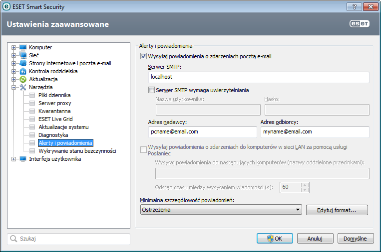 4.6.11 Alerty i powiadomienia Program ESET Smart Security obsługuje wysyłanie wiadomości e-mail po wystąpieniu zdarzenia o wybranym poziomie szczegółowości.