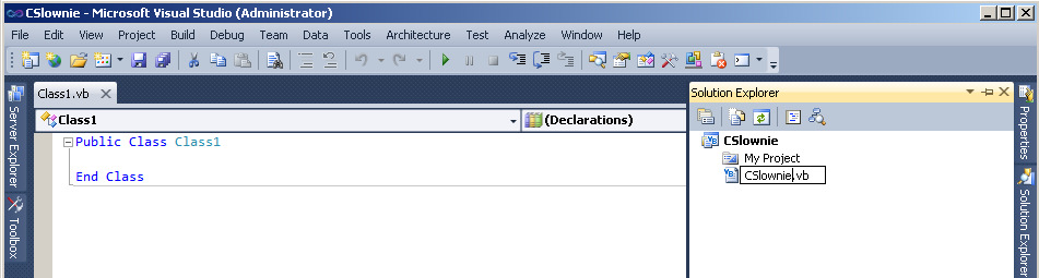 Po otwarciu projektu w oknie Solution Explorer zmieniamy nazwę klasy z domyślnej na CSlownie.vb, tak jak to pokazano niżej.