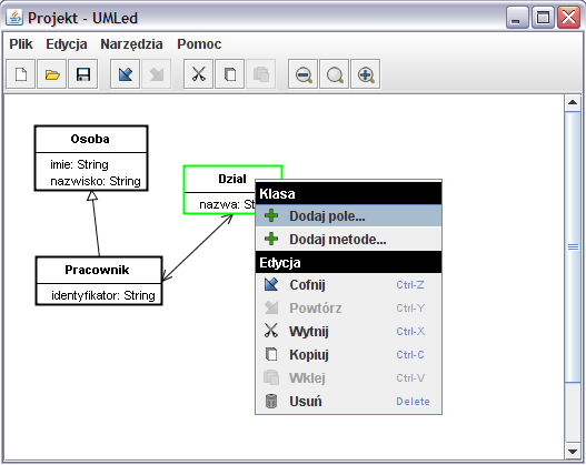 5.UMLed - prototyp UMLed jest aplikacją napisaną z wykorzystaniem platformy Java 5 Standard Edition oraz bibliotek Java Plugin Framework (odpowiedzialna za zarządzanie rozszerzeniami) i FreeMarker