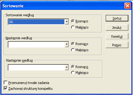 Dział 3 - Sortowanie i filtrowanie danych (zagadnienia podstawowe) 1. Sortowanie Sortowanie informacji w projekcie nie wymaga wcześniejszego zaznaczania żadnych pól.