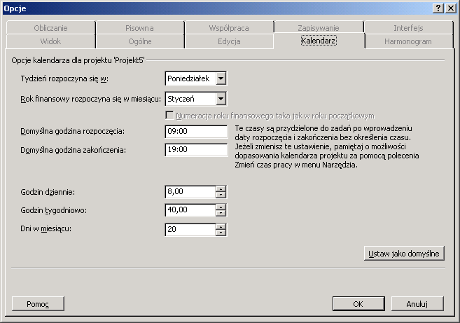 Okno dialogowe Opcje - zakładka Kalendarz UWAGA: Jeżeli wprowadziłeś już jakieś zadania, to zmiana domyślnej godziny rozpoczęcia i zakończenia zadania, będzie miała wpływ tylko na nowe zadania.