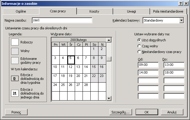 Okno dialogowe Informacje o zasobie - zakładka Ogólne Wprowadzanie informacji o czasie pracy (kalendarz zasobu) W sytuacji, kiedy jeden z zasobów biorących udział w twoim przedsięwzięciu, pracuje w