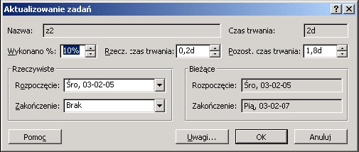 Okno dialogowe Aktualizowanie zadań Po wprowadzeniu informacji o postępie, powinieneś kliknąć na ikonę Zmień harmonogram pracy, aby niewykonana praca, została przesunięta na pierwszy dzień pracujący