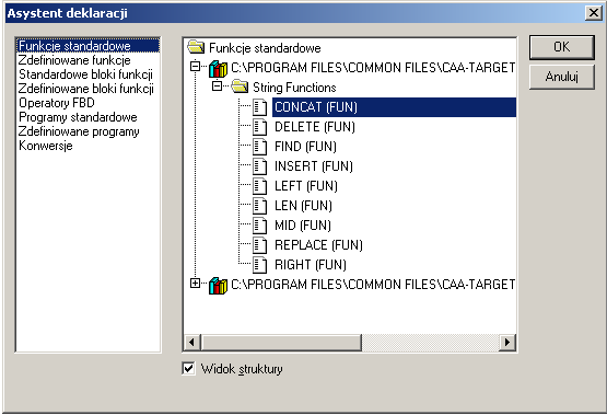 Nas w tej chwili nie interesuje funkcja logiczna, więc aby ją zmienić kliknijmy nazwę bloku AND a po jej podświetleniu przycisk F2 w celu otwarcia Asysytenta deklaracji Widać, Ŝe moŝemy wybierać