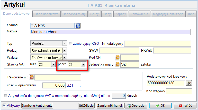 Ponieważ zmieniają się nie tylko wartości stawek VAT, ale również rodzaje stawek VAT dla niektórych artykułów, została dołożona obsługa poprzedniej stawki VAT w kartotekach artykułów.