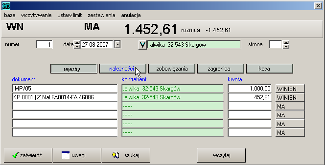 6.3 Kompensata 107 6.3.1 Okienko nr data Numer kolejny dokumentu Data wystawienia dokumentu Konrahent, z którym związany jest dokument baza Rodzaj rejestru (bazy), skąd brane są dokumenty do kompensaty 6.