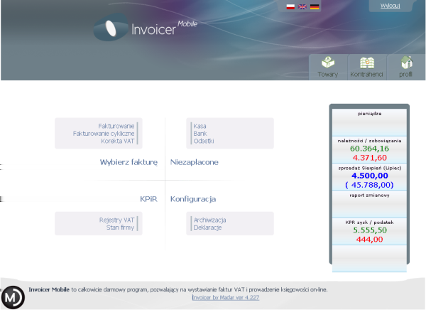 1.4 Obsługa programu 9 Rysunek 1.2: Portal Invoicer sprzedaż sprzedaż w bieżącym i poprzednim miesiącu. KPR zysk-podatek 1.3.