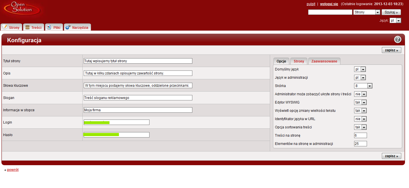 Modyfikacja wstępnej konfiguracji strony W zakładce konfiguracja możliwe jest ustawienie podstawowych danych strony.